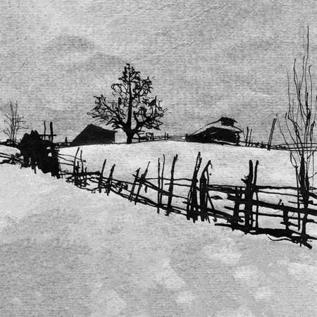 Scenery graphic landscape hand drawn illustration. Black and white winter landscapeの写真素材