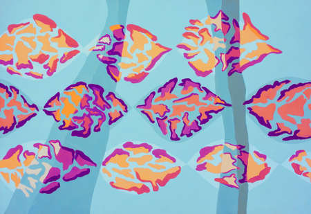 Stars pattern texture mesh illustration. Hand drawn painting in blue and pink. Graphic geometric shapes decorative template, repeat stars mesh background, ornament. Abstract grid, contemporary artの写真素材