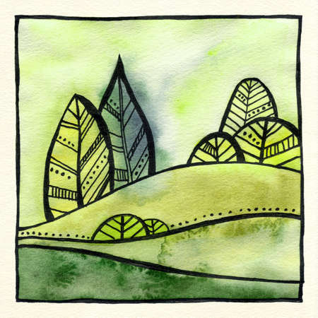 Abstract decorative landscape watercolor illustration. Calm watercolor background with trees, bushes and hills. Watercolor painting with black ink contour and patterns. Poster, background, card.の写真素材