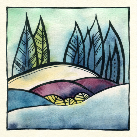 Abstract decorative landscape watercolor illustration. Calm watercolor background with trees, bushes and hills. Watercolor painting with black ink contour and patterns. Poster, background, card.の写真素材