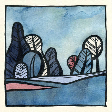 Abstract decorative landscape watercolor illustration. Calm watercolor background with trees, bushes and hills. Watercolor painting with black ink contour and patterns. Poster, background, card.の写真素材