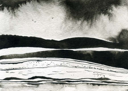 Black and white ink winter landscape with red trees and river. Minimalistic hand drawn watercolor illustration for card, background, poster. Hand drawn watercolor lines.の写真素材