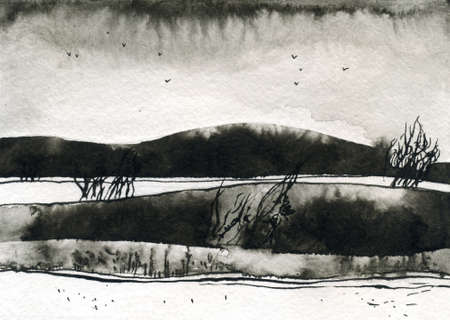 Black and white ink winter landscape with red trees and river. Minimalistic hand drawn watercolor illustration for card, background, poster. Hand drawn watercolor lines.の写真素材