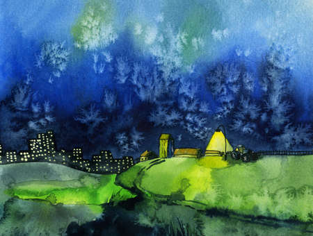 Summer night sky landscape city small farm river. Watercolor minimalistic hand drawn illustration for card, background, poster. Hand drawn watercolor textured blue and green background.の写真素材