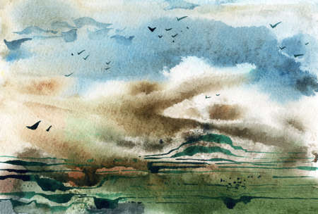 Sea storm watercolor illustration. Abstract seascape waves birds. Hand drawn watercolor illustration with blurred outlines and spots for background, poster. Hand drawn blue and green ocean backgroundの写真素材