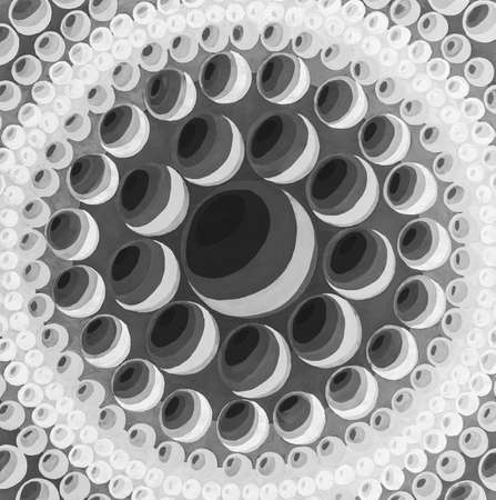 Mandala bubbles balls texture illustration. Hand drawn painting optical illusion black white. Graphic geometric shapes decorative template, repeat spheres mesh background. Abstract contemporary artの写真素材