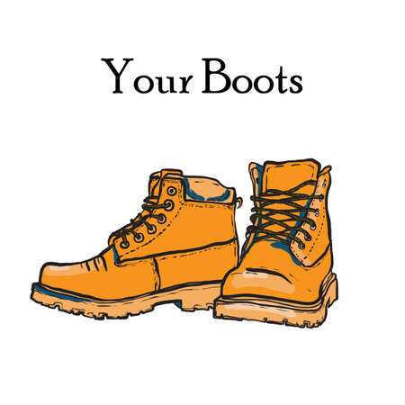 Hiking shoes pair isolated. Hand drawn vector illustration of hipsters boots. Work army winter boots hand drawn for logo, poster, postcard, fashion booklet, flyer. Vector sketch boots. Red mans shoes.のイラスト素材