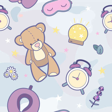 Sleep time vector seamless pattern. Illustration items vector set for good sleep. Good night cartoon pattern wallpaper for children badroom, wrapping paper for kids present in purple blue colorsのイラスト素材