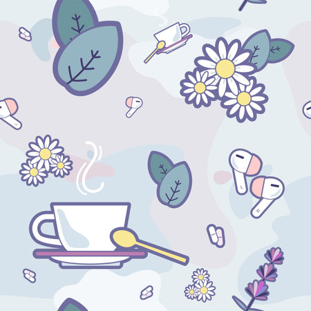 Sleep time vector seamless pattern. Illustration items vector set for good sleep. Good night cartoon pattern wallpaper, wrapping paper purple blue colors. Lavender, chamomile, peppermint illustration.のイラスト素材