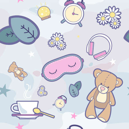 Sleep time vector seamless pattern. Illustration items vector set for good sleep. Good night cartoon pattern wallpaper for children badroom, wrapping paper for kids present in purple blue colorsのイラスト素材