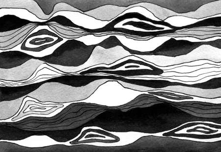Abstract landscape ink hand drawn illustration. Black white ink winter landscape, mountains, river. Minimalistic hand drawn illustration background poster banner. Hand drawn watercolor black lines.の写真素材