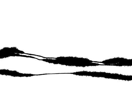 Abstract landscape ink hand drawn illustration. Black and white ink winter landscape with river. Minimalistic hand drawn illustration card background poster banner. Hand drawn watercolor black lines.の写真素材