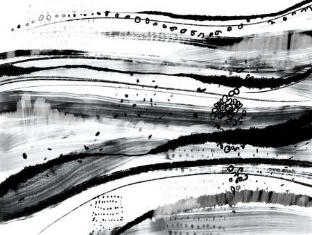 Abstract landscape ink hand drawn illustration. Black and white ink winter landscape with river. Minimalistic hand drawn illustration card background poster banner. Hand drawn watercolor black lines.の写真素材