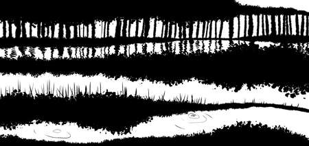 Abstract landscape ink hand drawn illustration. Black and white ink winter landscape with river. Minimalistic hand drawn illustration card background poster banner. Hand drawn watercolor black lines.の写真素材