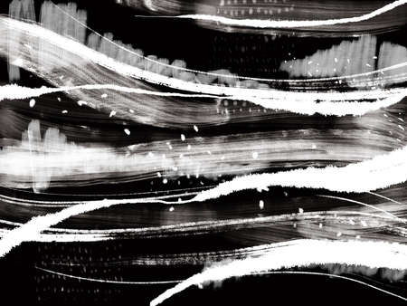 Abstract landscape ink hand drawn illustration. Black and white ink winter landscape with river. Minimalistic hand drawn illustration card background poster banner. Hand drawn watercolor black lines.の写真素材