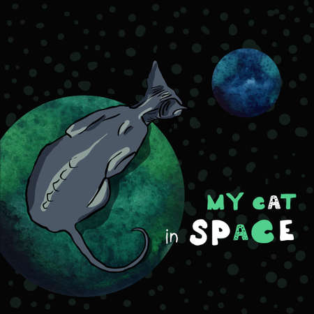 Cat and planets in space hand drawn vector illustration. Fantastic vector poster with sphinx cat looking in open space. Mixed media illustration art watercolor background for poster, postcard, bannerのイラスト素材