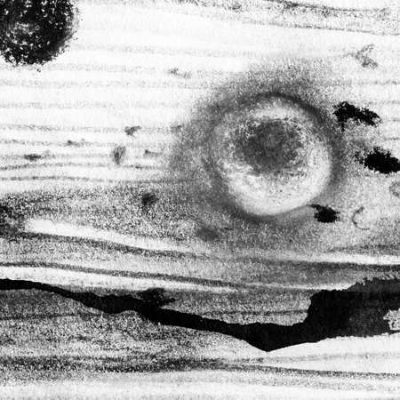 Abstract landscape ink hand drawn illustration. Black and white ink winter landscape with river. Minimalistic hand drawn illustration card background poster banner. Hand drawn watercolor black lines.の写真素材