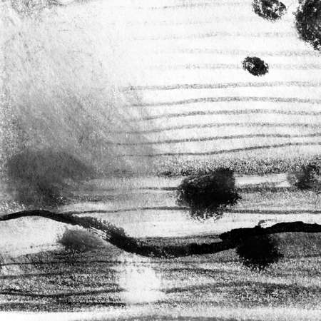 Abstract landscape ink hand drawn illustration. Black and white ink winter landscape with river. Minimalistic hand drawn illustration card background poster banner. Hand drawn watercolor black lines.の写真素材