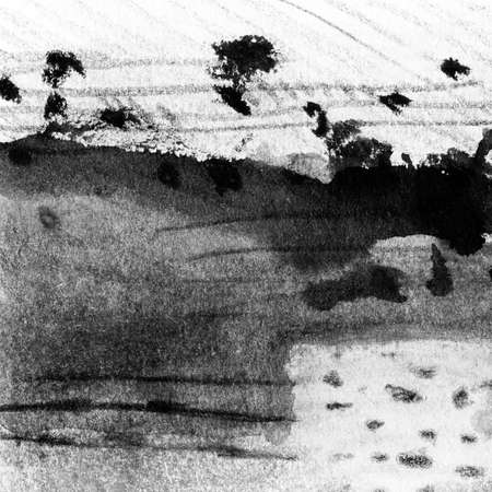 Abstract landscape ink hand drawn illustration. Black and white ink winter landscape with river. Minimalistic hand drawn illustration card background poster banner. Hand drawn watercolor black lines.の写真素材