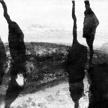 Abstract landscape ink hand drawn illustration. Black and white ink winter landscape with river. Minimalistic hand drawn illustration card background poster banner. Hand drawn watercolor black lines.の写真素材