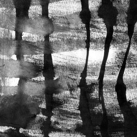 Abstract landscape ink hand drawn illustration. Black and white ink winter landscape with river. Minimalistic hand drawn illustration card background poster banner. Hand drawn watercolor black lines.の写真素材