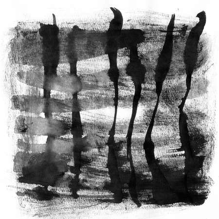 Abstract landscape ink hand drawn illustration. Black and white ink winter landscape with river. Minimalistic hand drawn illustration card background poster banner. Hand drawn watercolor black lines.の写真素材