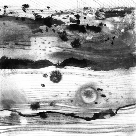 Abstract landscape ink hand drawn illustration. Black and white ink winter landscape with river. Minimalistic hand drawn illustration card background poster banner. Hand drawn watercolor black lines.の写真素材