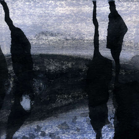 Abstract landscape pastel ink hand drawn illustration. Pale colors watercolor landscape with river. Minimalist hand drawn illustration card background poster banner. Hand drawn watercolor black linesの写真素材