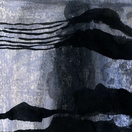 Abstract landscape pastel ink hand drawn illustration. Pale colors watercolor landscape with river. Minimalist hand drawn illustration card background poster banner. Hand drawn watercolor black linesの写真素材