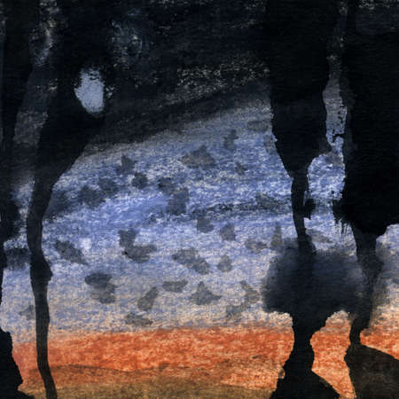 Abstract landscape pastel ink hand drawn illustration. Pale colors watercolor landscape with river. Minimalist hand drawn illustration card background poster banner. Hand drawn watercolor black linesの写真素材