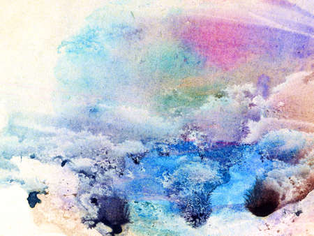 Abstract landscape watercolor hand drawn illustration. Bright colors watercolor landscape. Minimalist hand drawn illustration card background poster banner. Hand drawn watercolor blue pinkの写真素材