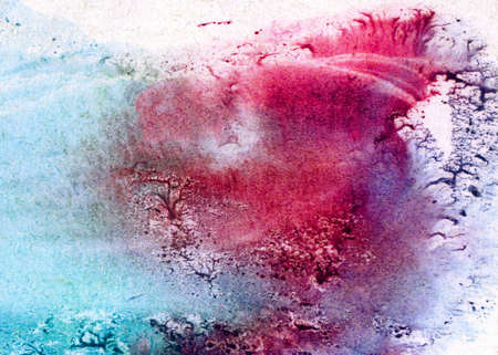 Abstract landscape watercolor hand drawn illustration. Bright colors watercolor landscape. Minimalist hand drawn illustration card background poster banner. Hand drawn watercolor blue pinkの写真素材