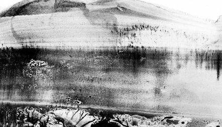 Abstract landscape watercolor hand drawn illustration. Black and white watercolor landscape. Minimalist hand drawn illustration card background poster banner. Hand drawn watercolor black and whiteの写真素材