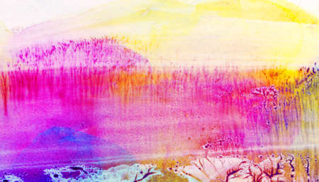 Abstract landscape watercolor hand drawn illustration. Bright rainbow colors watercolor landscape. Minimalist hand drawn illustration card background poster banner. Hand drawn watercolor rainbowの写真素材