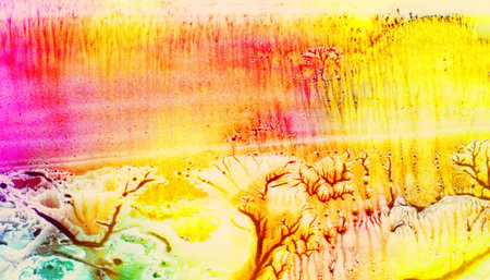 Abstract landscape watercolor hand drawn illustration. Bright rainbow colors watercolor landscape. Minimalist hand drawn illustration card background poster banner. Hand drawn watercolor rainbowの写真素材