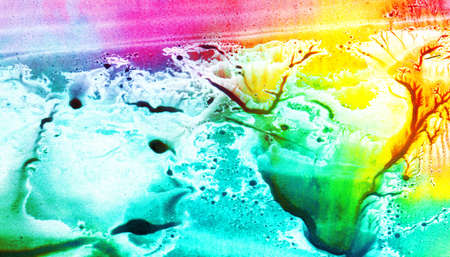 Abstract landscape watercolor hand drawn illustration. Bright rainbow colors watercolor landscape. Minimalist hand drawn illustration card background poster banner. Hand drawn watercolor rainbowの写真素材