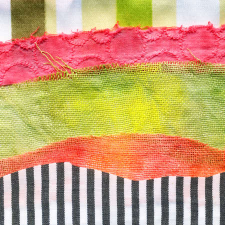 Fabric art applique Illustration. Patchwork forest landscape with trees, hills and sky. Original...