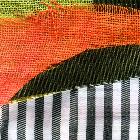 Fabric art applique Illustration. Patchwork forest landscape with trees, hills and sky. Original graphic illustration with jeans striped fabric flaps. Decorative landscape hand made recycled trash artの写真素材