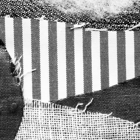 Fabric art applique Illustration. Patchwork forest landscape with trees, hills and sky. Original graphic illustration black and white. Decorative landscape hand made recycled trash artの写真素材