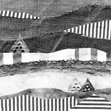 Fabric art applique Illustration. Patchwork forest landscape with trees, hills and sky. Original graphic illustration black and white. Decorative landscape hand made recycled trash artの写真素材
