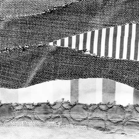 Fabric art applique Illustration. Patchwork forest landscape with trees, hills and sky. Original graphic illustration black and white. Decorative landscape hand made recycled trash artの写真素材