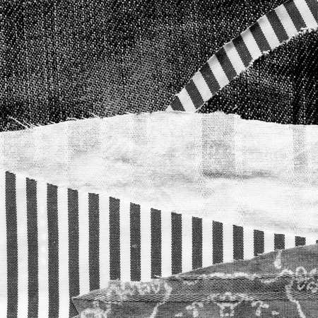 Fabric art applique Illustration. Patchwork forest landscape with trees, hills and sky. Original graphic illustration black and white. Decorative landscape hand made recycled trash artの写真素材