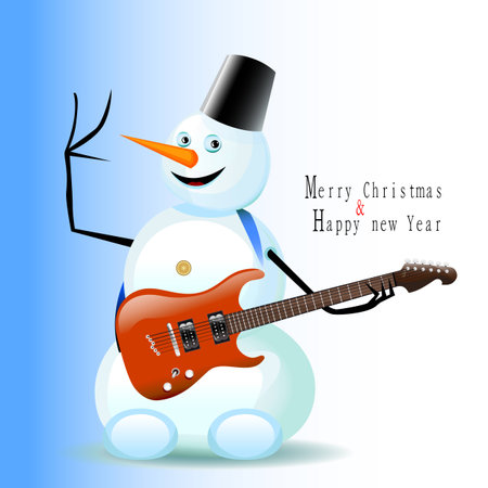 Greeting Christmas and New Year card Snowman with a guitarのイラスト素材