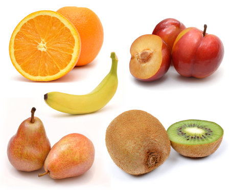 Collection of fruits. Orange, kiwi, banana, plum, pearの写真素材