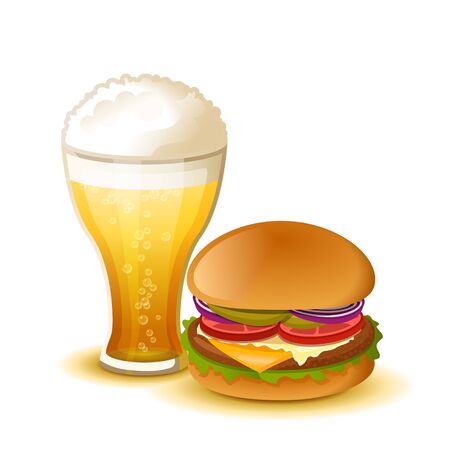Classic cheeseburger with beer isolated on white backgroundのイラスト素材