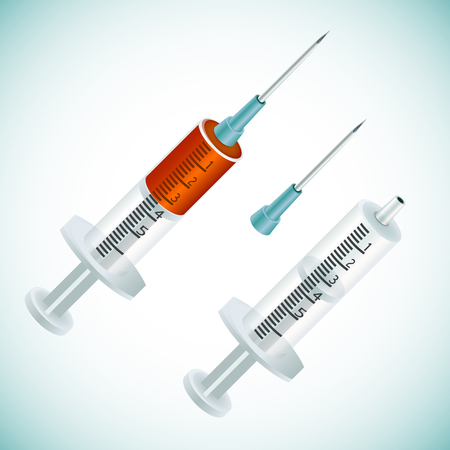 Two syringes, one empty, the other filled with blood or injectable solution. The empty syringe with needle is disconnected.のイラスト素材