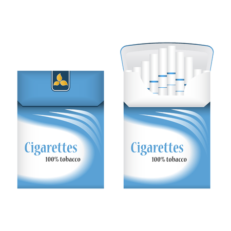 Closed blue pack of cigarettes. Open pack of cigarettes. Cigarettes pack icon. Cigarettes packのイラスト素材