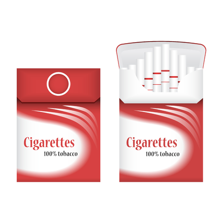 Closed red pack of cigarettes. Open pack of cigarettes. Cigarettes pack icon. Cigarettes packのイラスト素材