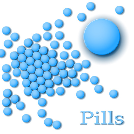 Blue pills. Scattering of pills. Tablets top view. Pills isolated on white.のイラスト素材