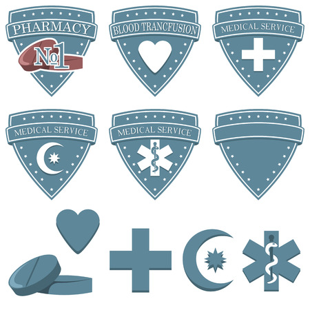 Health medicine pharmacy icons set. Badge flat symbols of medicine.のイラスト素材